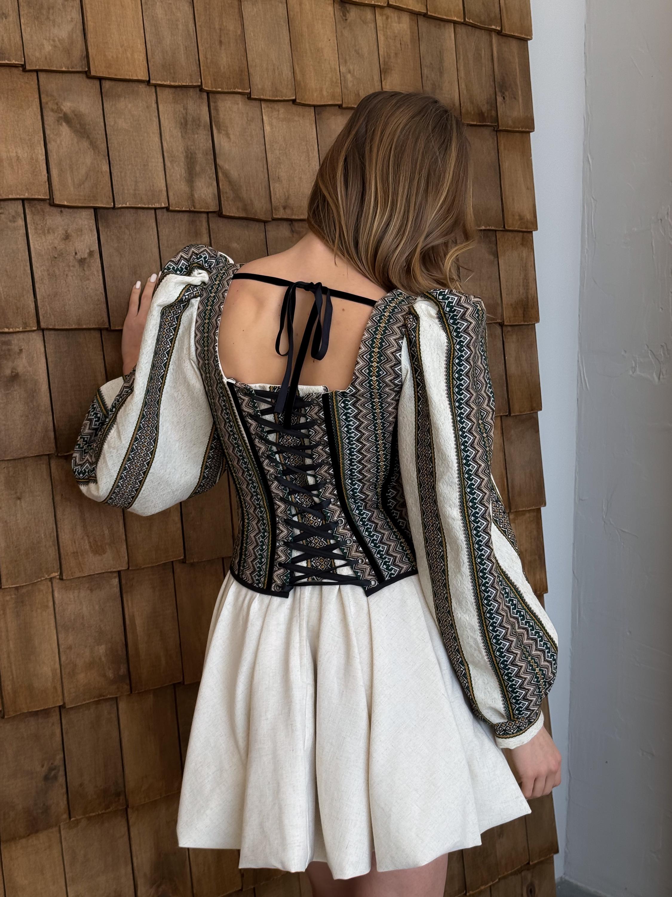 Corset top, beige corset with long sleeves, ukrainian custom made corset top, etno corset top, Victorian corset