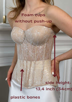 a woman in a white dress with measurements