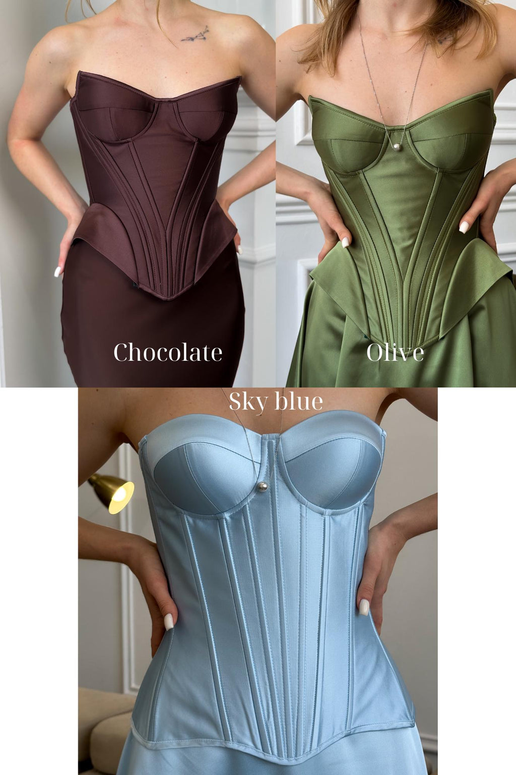 a woman wearing a corset and a corset in different colors