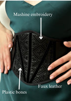Faux leather corset belt embroidered, underbust corset, plus size custom made corset top, black renaissance corset for dress
