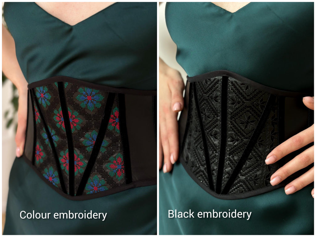 Faux leather corset belt embroidered, underbust corset, plus size custom made corset top, black renaissance corset for dress