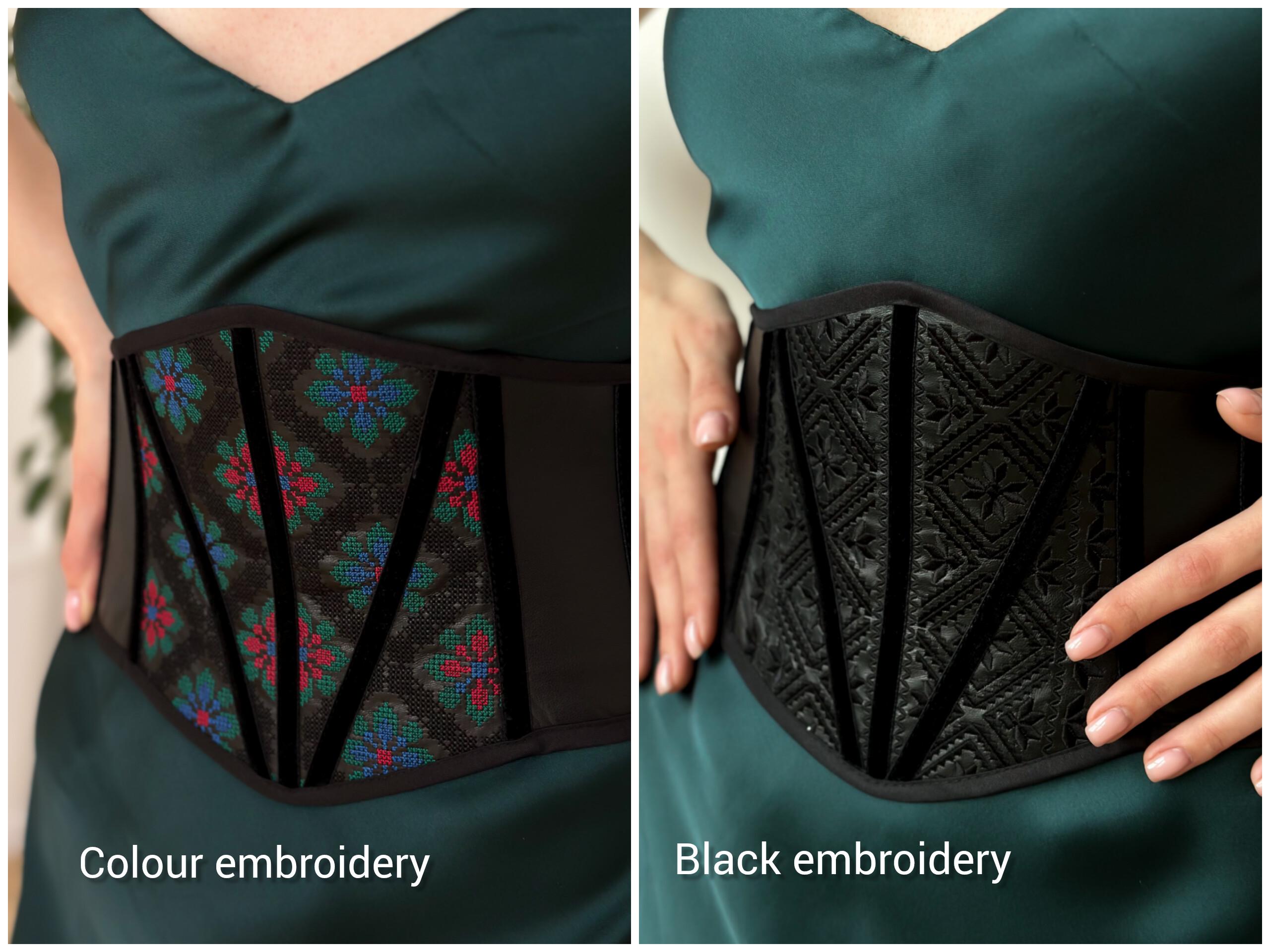 Faux leather corset belt embroidered, underbust corset, plus size custom made corset top, black renaissance corset for dress