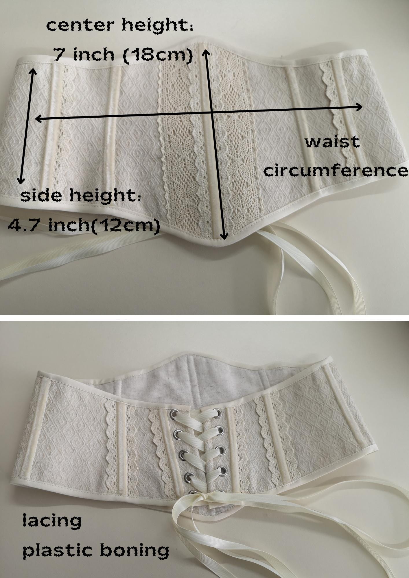 Underbust corset belt lace cover, linen white custom made corset waist, bride corset belt