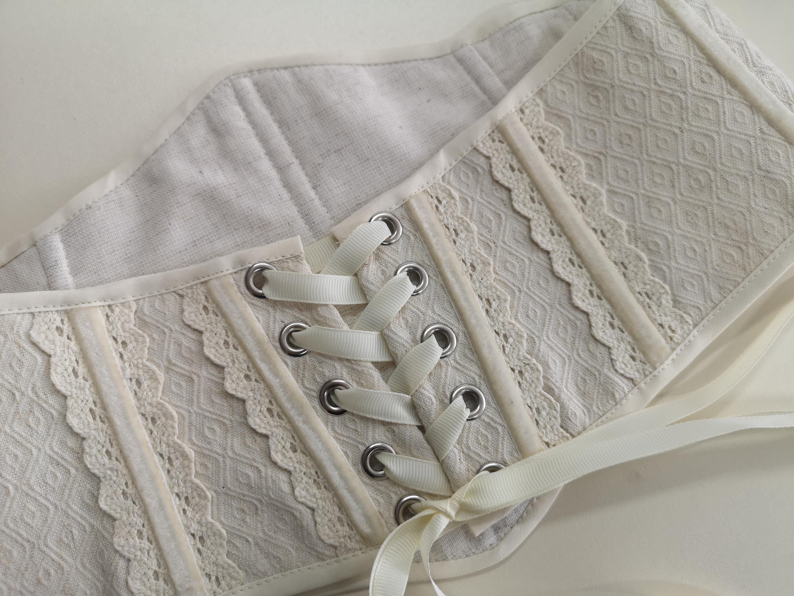 Underbust corset belt lace cover, linen white custom made corset waist, bride corset belt