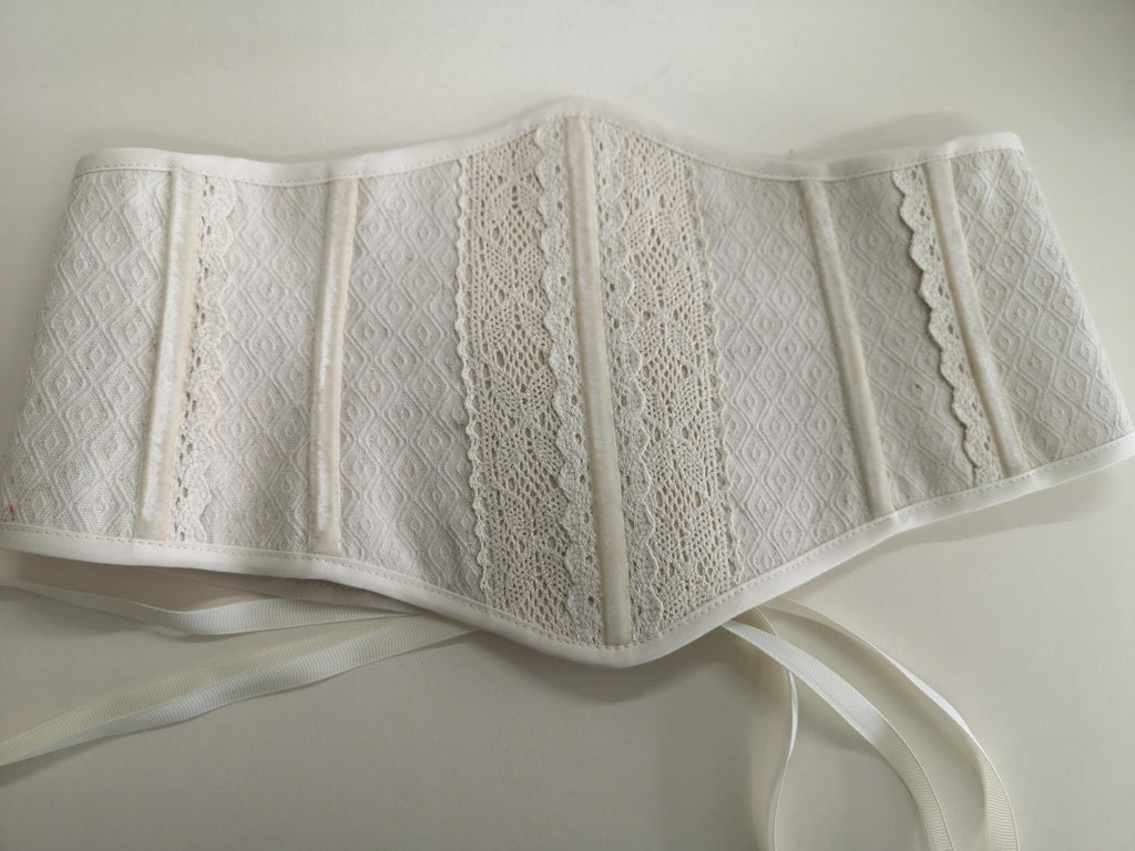 Underbust corset belt lace cover, linen white custom made corset waist, bride corset belt