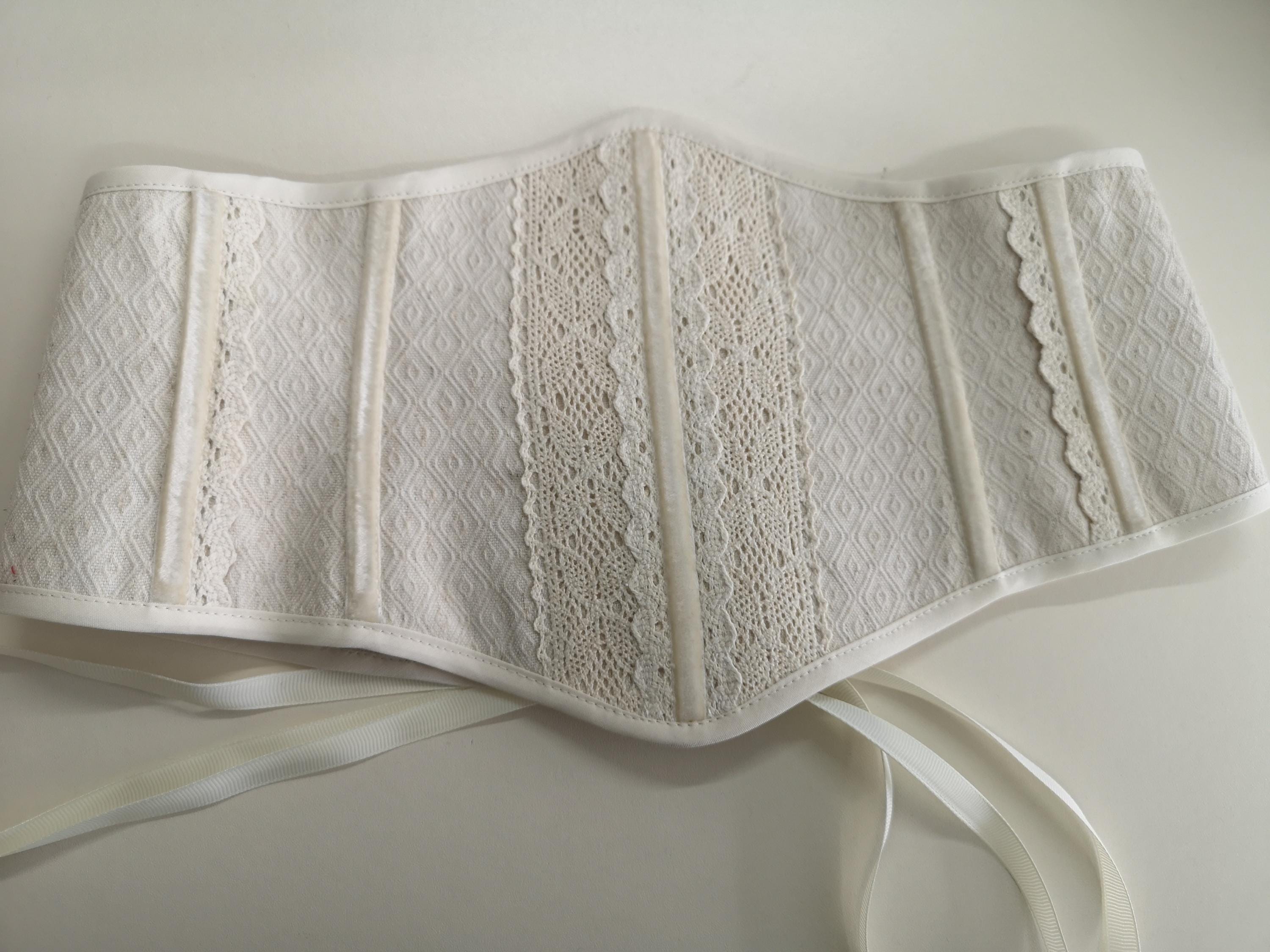 Underbust corset belt lace cover, linen white custom made corset waist, bride corset belt