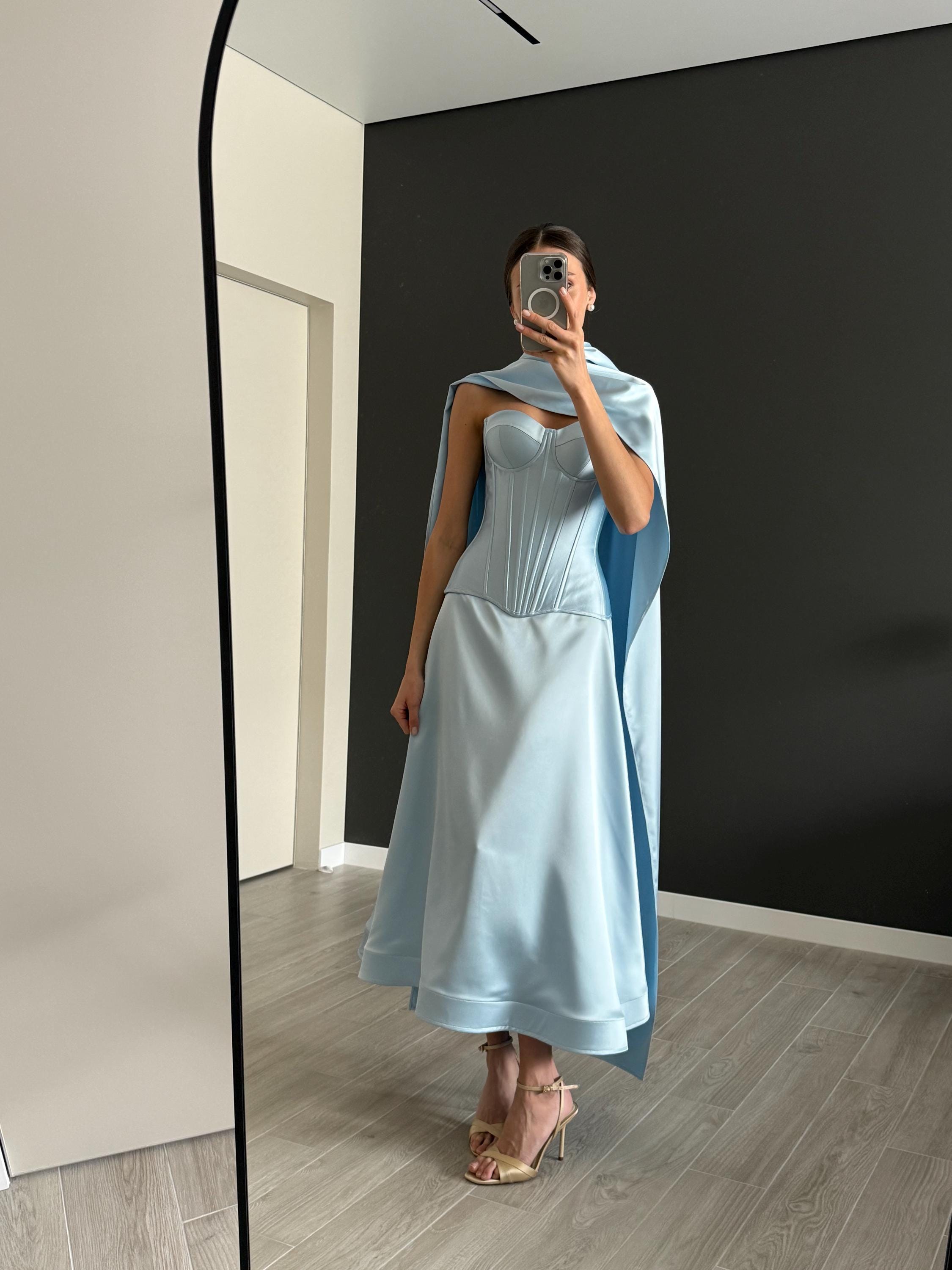 Corset Top and midi Skirt Set with shawl, ideal for Bridesmaids, Wedding Guests, and Bachelorette Parties, overbust corset top