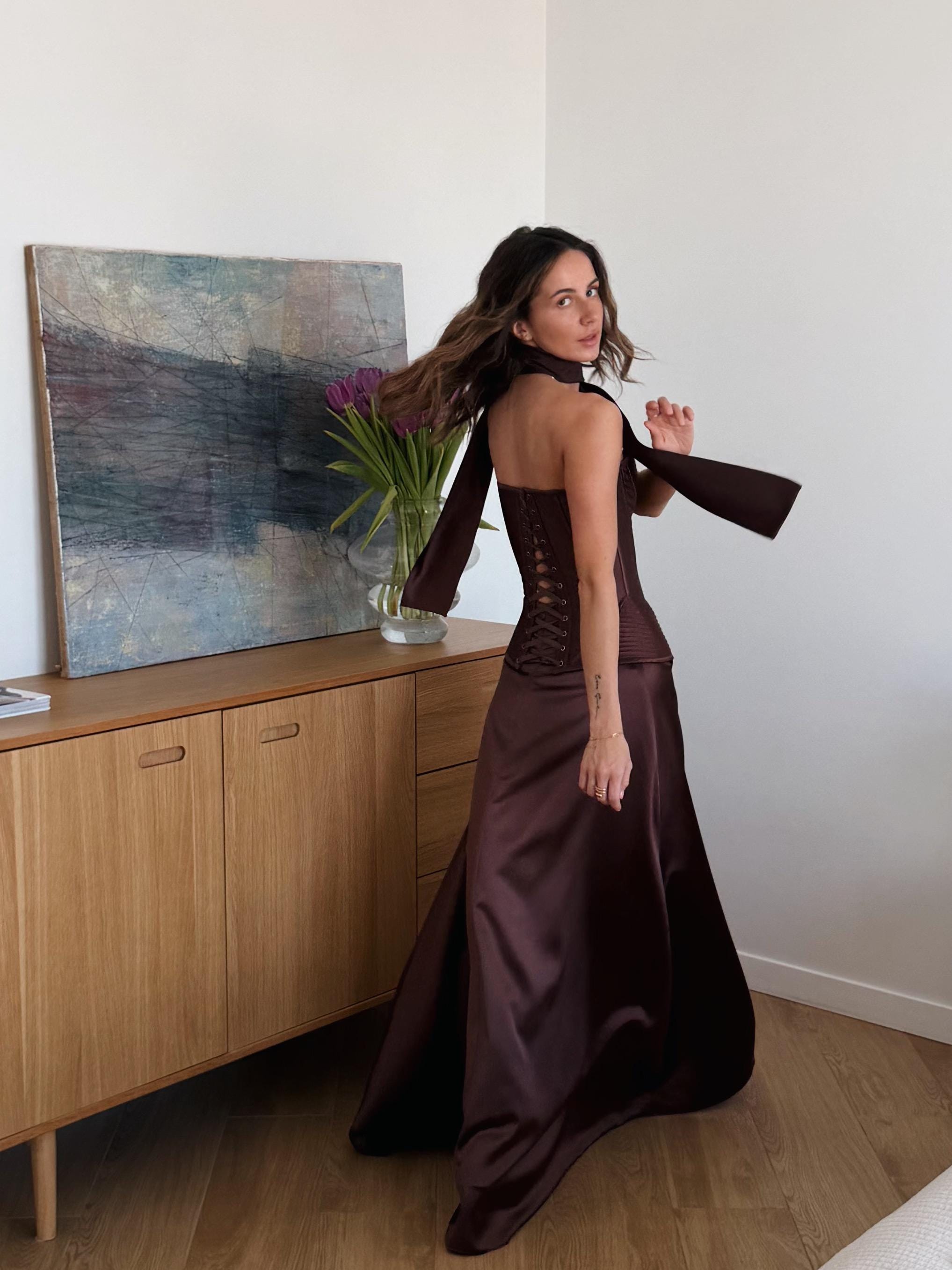 Wedding Guest Outfit, corset top and skirt set, Bachelorette Party Outfit, Satin Maxi Skirt and Bustier Top Set, Prom Two Piece Dress