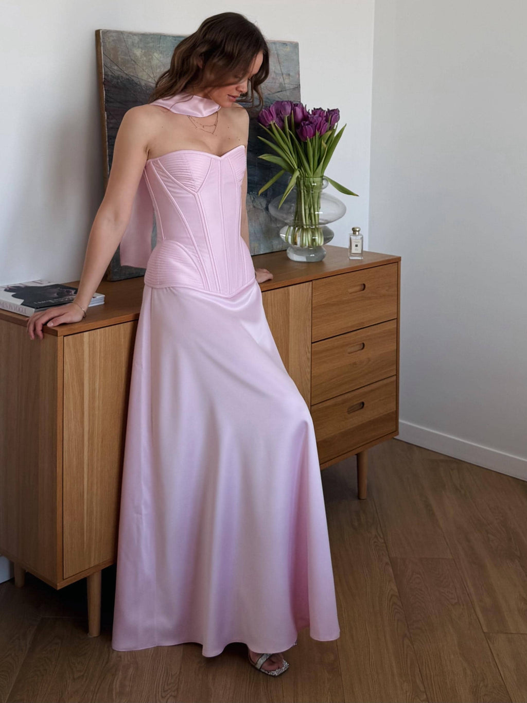 Wedding Guest Outfit, corset top and skirt set, Bachelorette Party Outfit, Satin Maxi Skirt and Bustier Top Set, Prom Two Piece Dress
