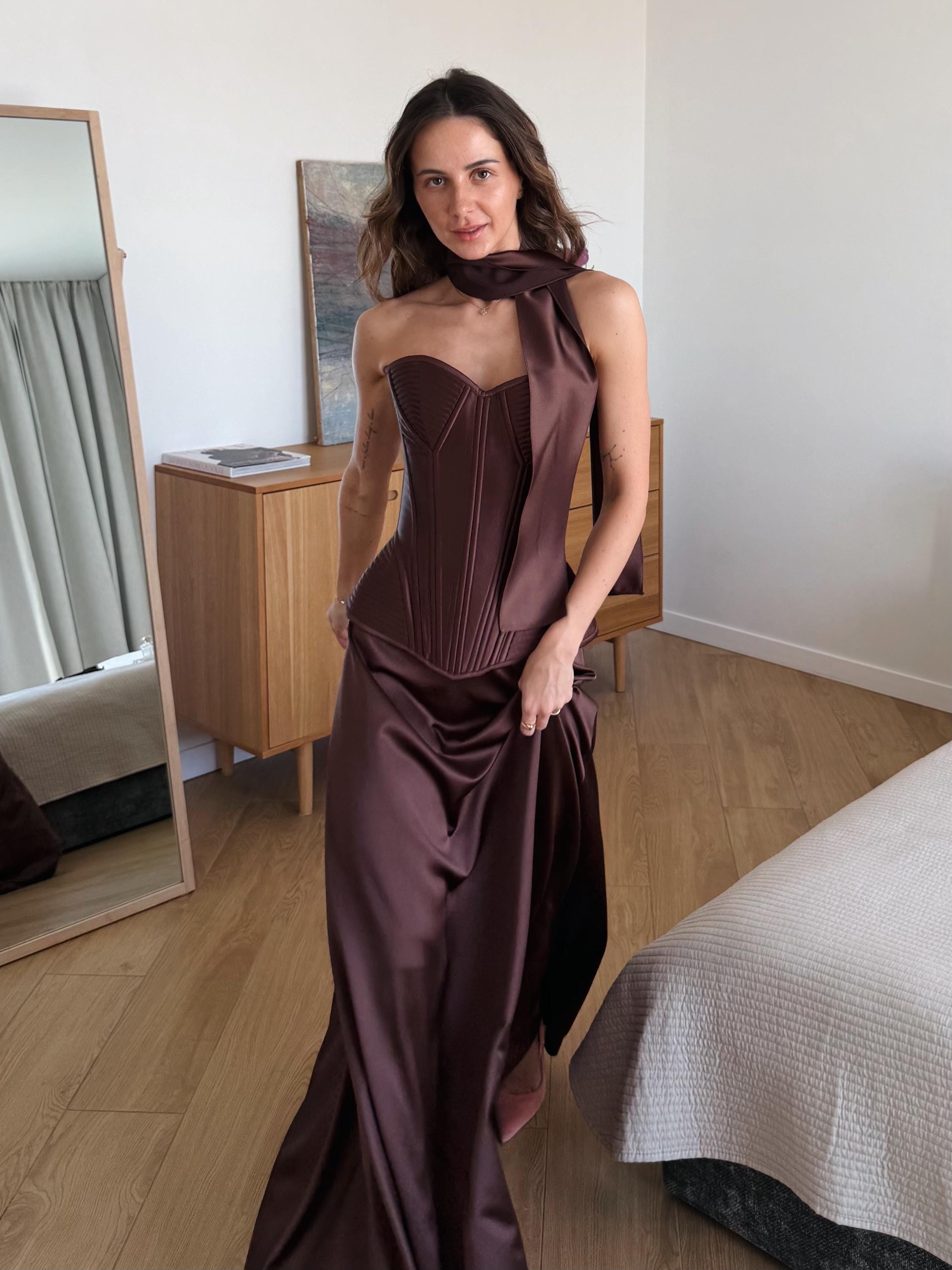 Corset and Skirt Set, Wedding Guest Outfit, Elegant Bachelorette Party Outfit, Satin Maxi Skirt and Bustier Top Set, Prom Two Piece Dress
