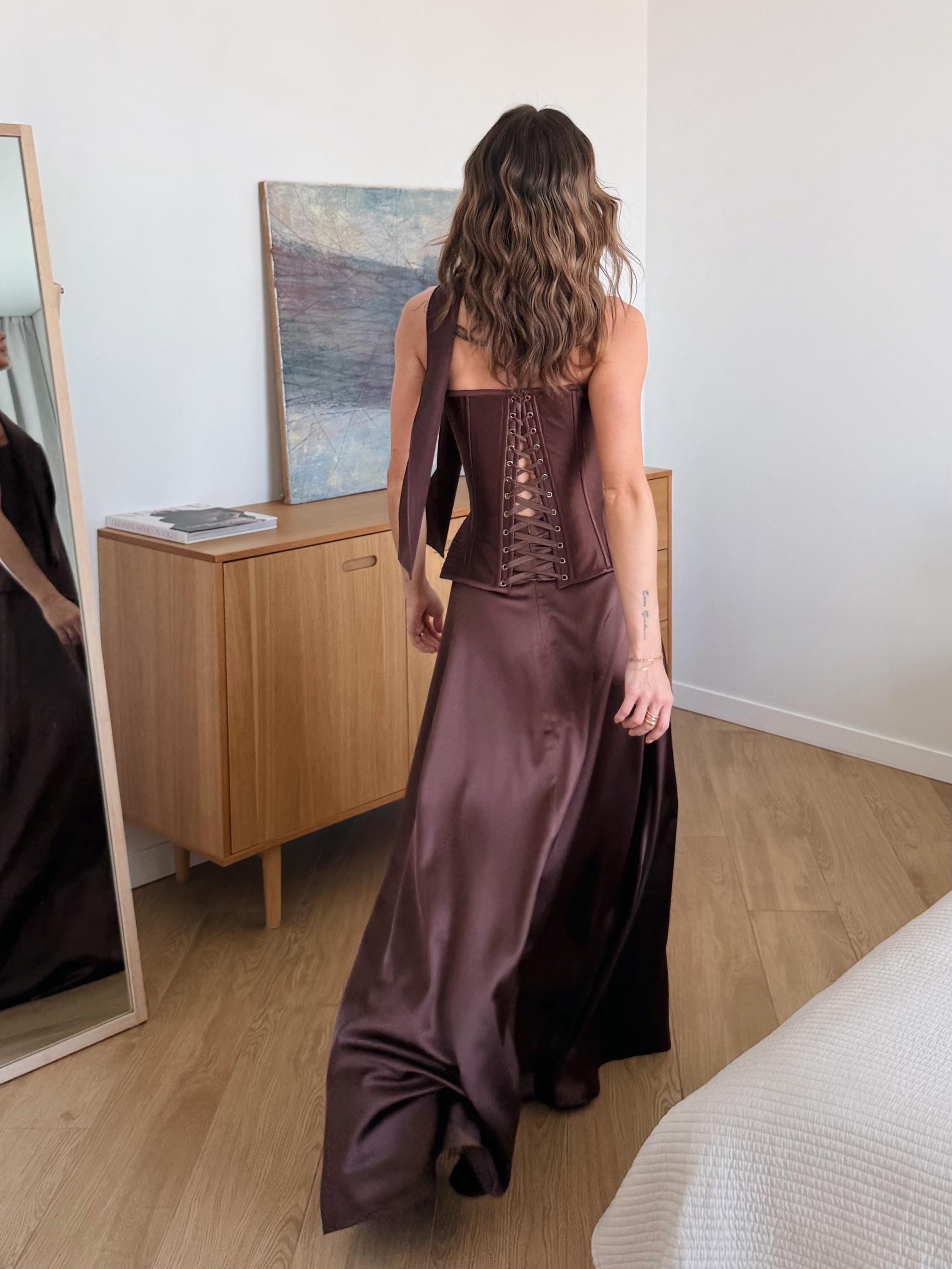 Corset and Skirt Set, Wedding Guest Outfit, Elegant Bachelorette Party Outfit, Satin Maxi Skirt and Bustier Top Set, Prom Two Piece Dress