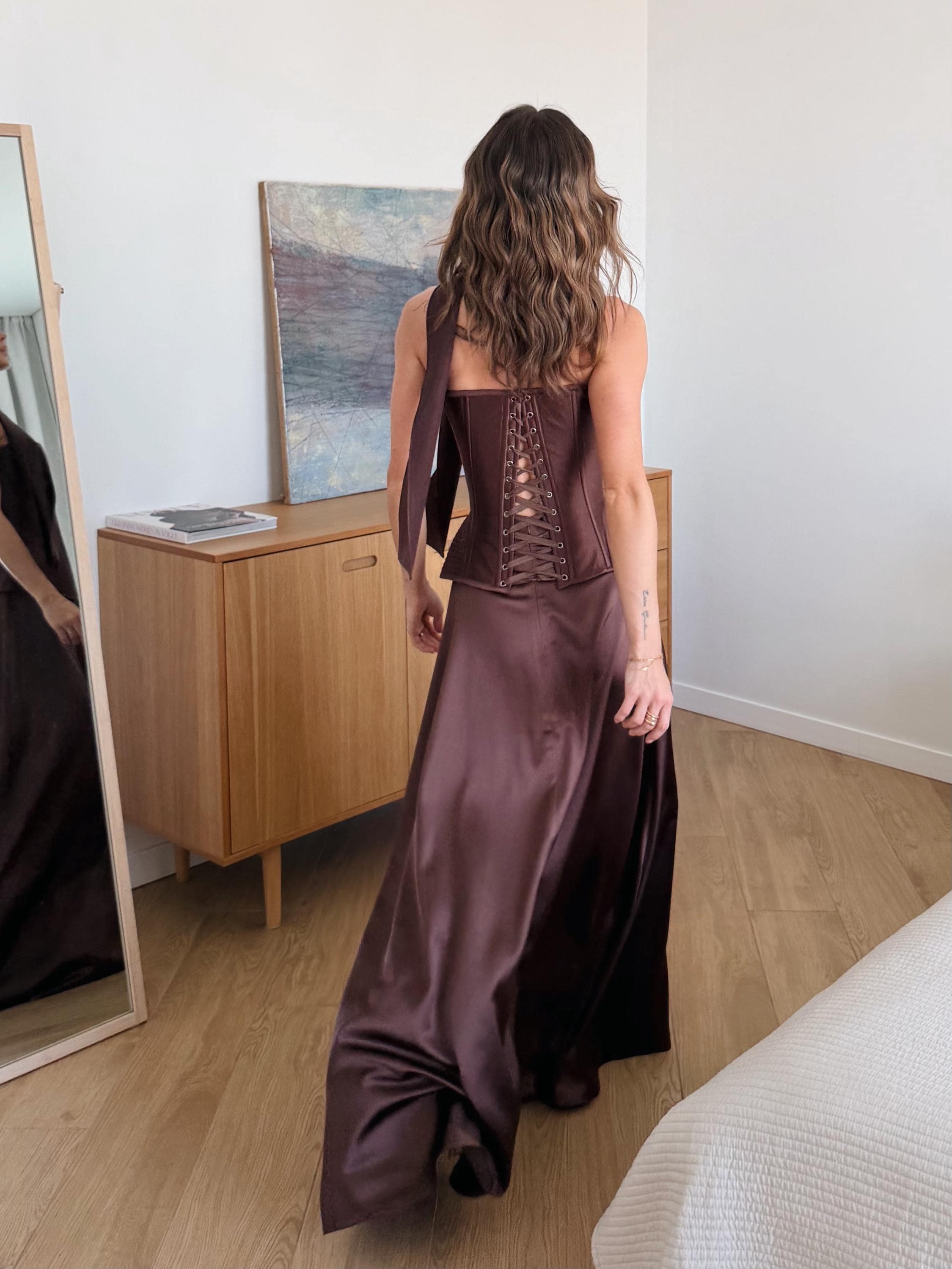 Wedding Guest Outfit, corset top and skirt set, Bachelorette Party Outfit, Satin Maxi Skirt and Bustier Top Set, Prom Two Piece Dress
