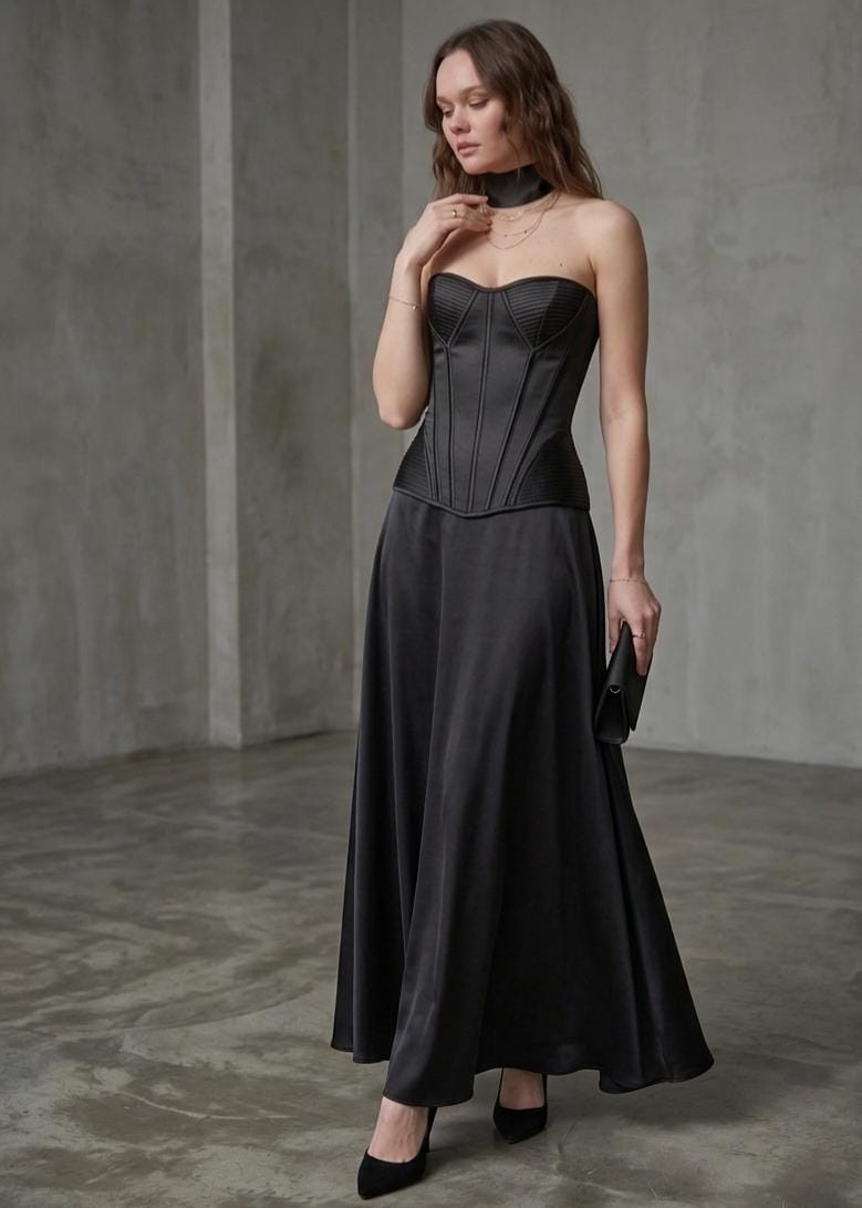 Black Tie Wedding Guest Dress, Black Corset and Floor Length Skirt Set, Formal Evening Gown, Prom Two Piece Dress, Elegant Gothic Outfit