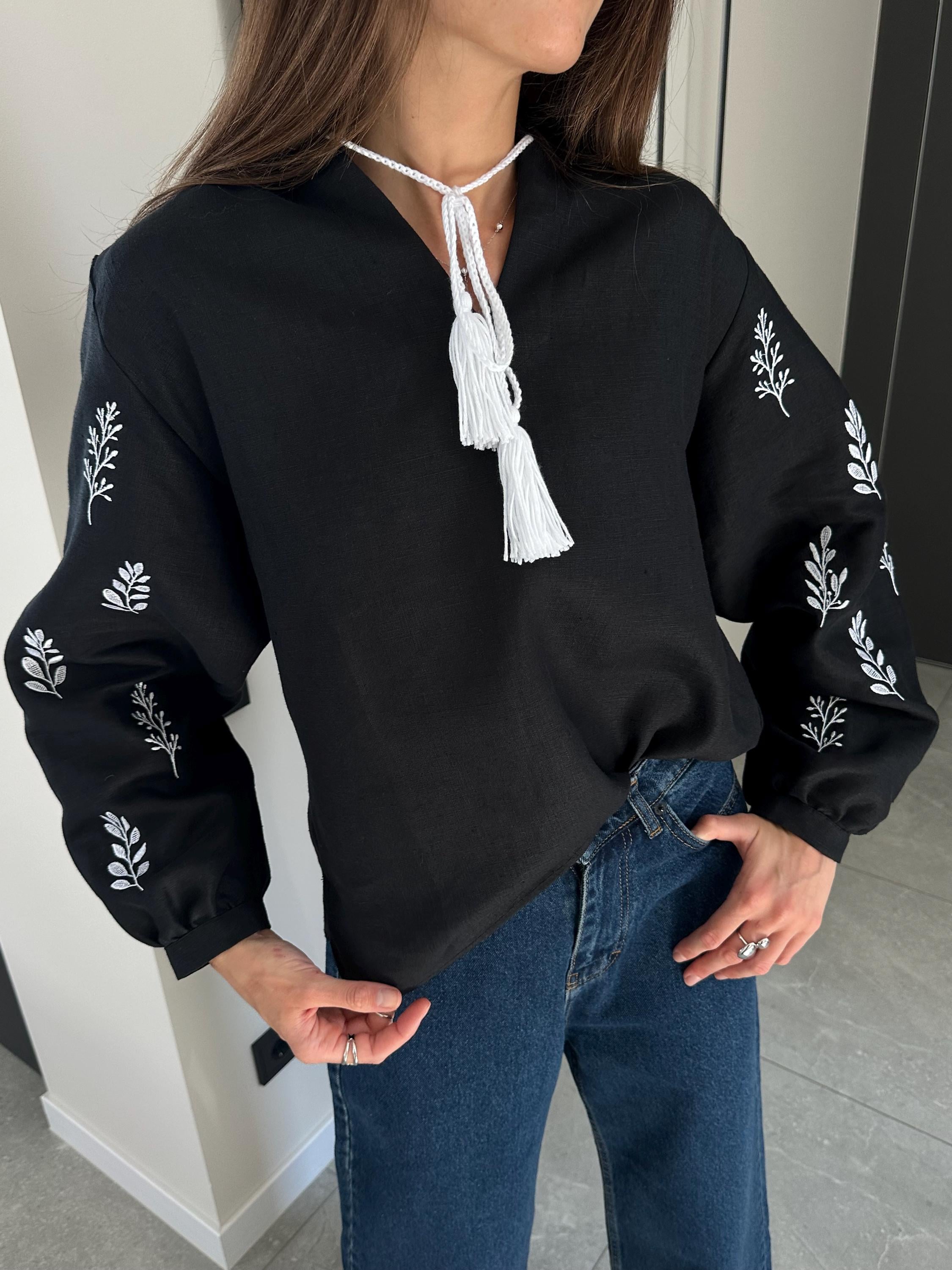 Black linen Embroidered Blouse for Women, Long Sleeve Linen Tunic, Linen Shirt with Red Embroidery, Ukrainian Vyshyvanka Boho Style Top