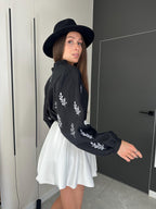 Black linen Embroidered Blouse for Women, Long Sleeve Linen Tunic, Linen Shirt with Red Embroidery, Ukrainian Vyshyvanka Boho Style Top