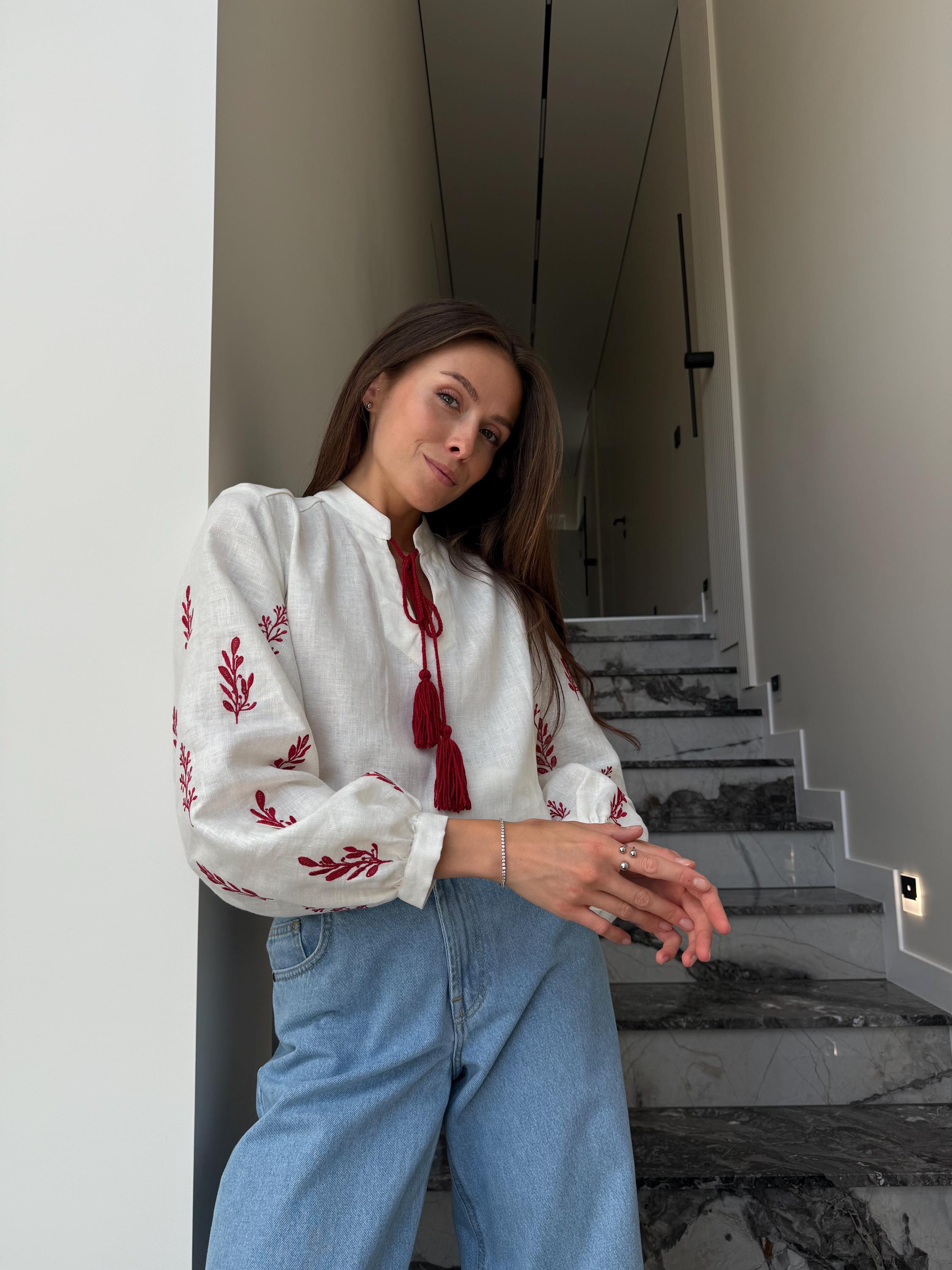Black linen Embroidered Blouse for Women, Long Sleeve Linen Tunic, Linen Shirt with Red Embroidery, Ukrainian Vyshyvanka Boho Style Top