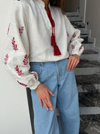 Black linen Embroidered Blouse for Women, Long Sleeve Linen Tunic, Linen Shirt with Red Embroidery, Ukrainian Vyshyvanka Boho Style Top