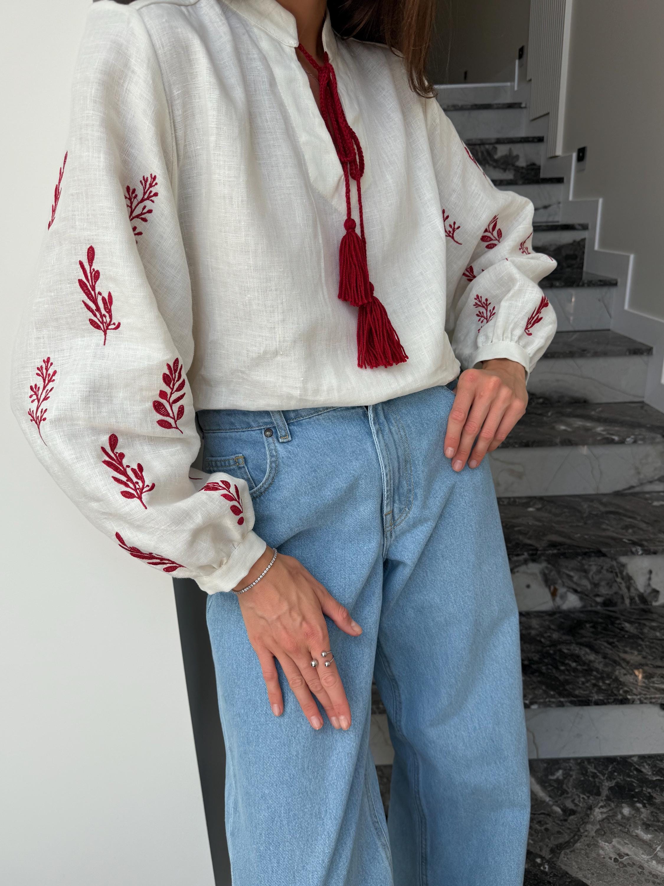 Black linen Embroidered Blouse for Women, Long Sleeve Linen Tunic, Linen Shirt with Red Embroidery, Ukrainian Vyshyvanka Boho Style Top
