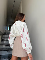 Linen Embroidered Blouse for Women, Linen Shirt with Red Embroidery, Ukrainian Vyshyvanka Boho Style Top, Long Sleeve Linen Tunic