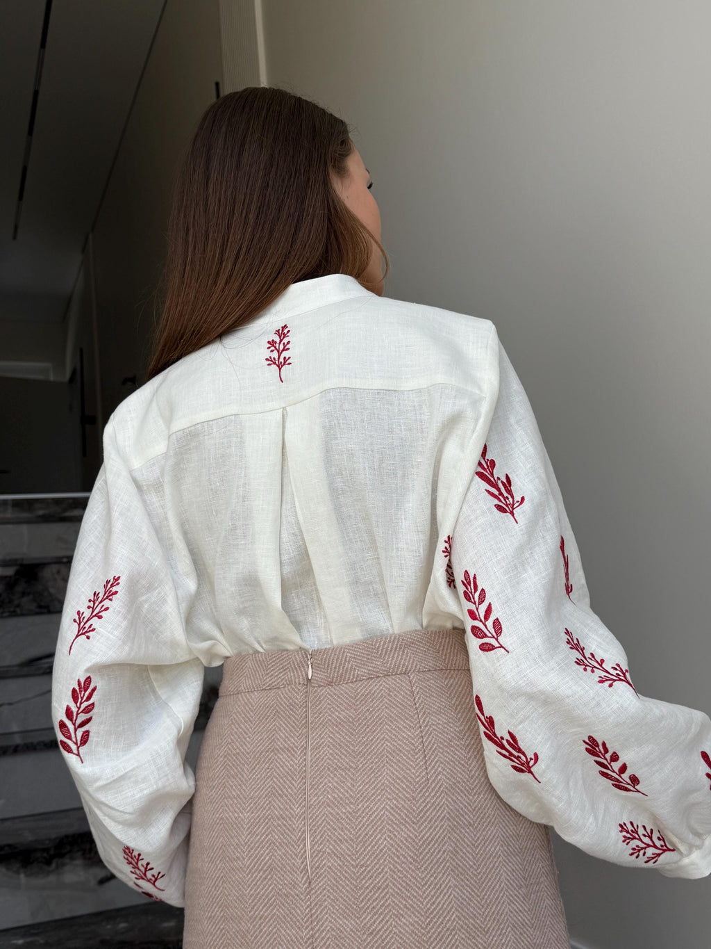 Linen Embroidered Blouse for Women, Linen Shirt with Red Embroidery, Ukrainian Vyshyvanka Boho Style Top, Long Sleeve Linen Tunic