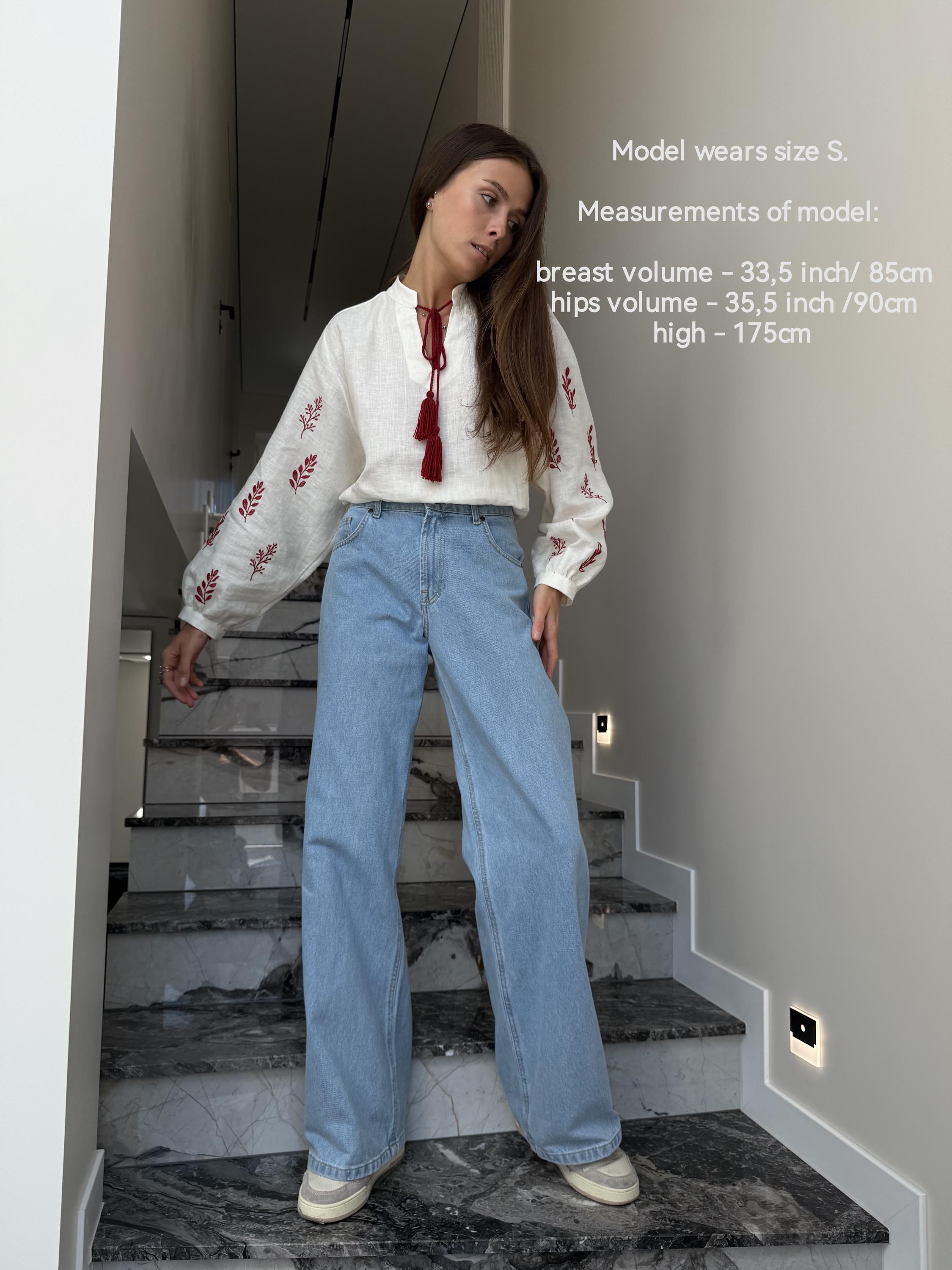 Linen Embroidered Blouse for Women, Linen Shirt with Red Embroidery, Ukrainian Vyshyvanka Boho Style Top, Long Sleeve Linen Tunic