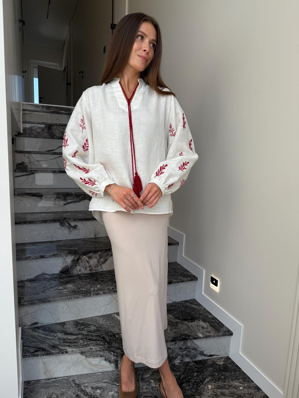 Black linen Embroidered Blouse for Women, Long Sleeve Linen Tunic, Linen Shirt with Red Embroidery, Ukrainian Vyshyvanka Boho Style Top