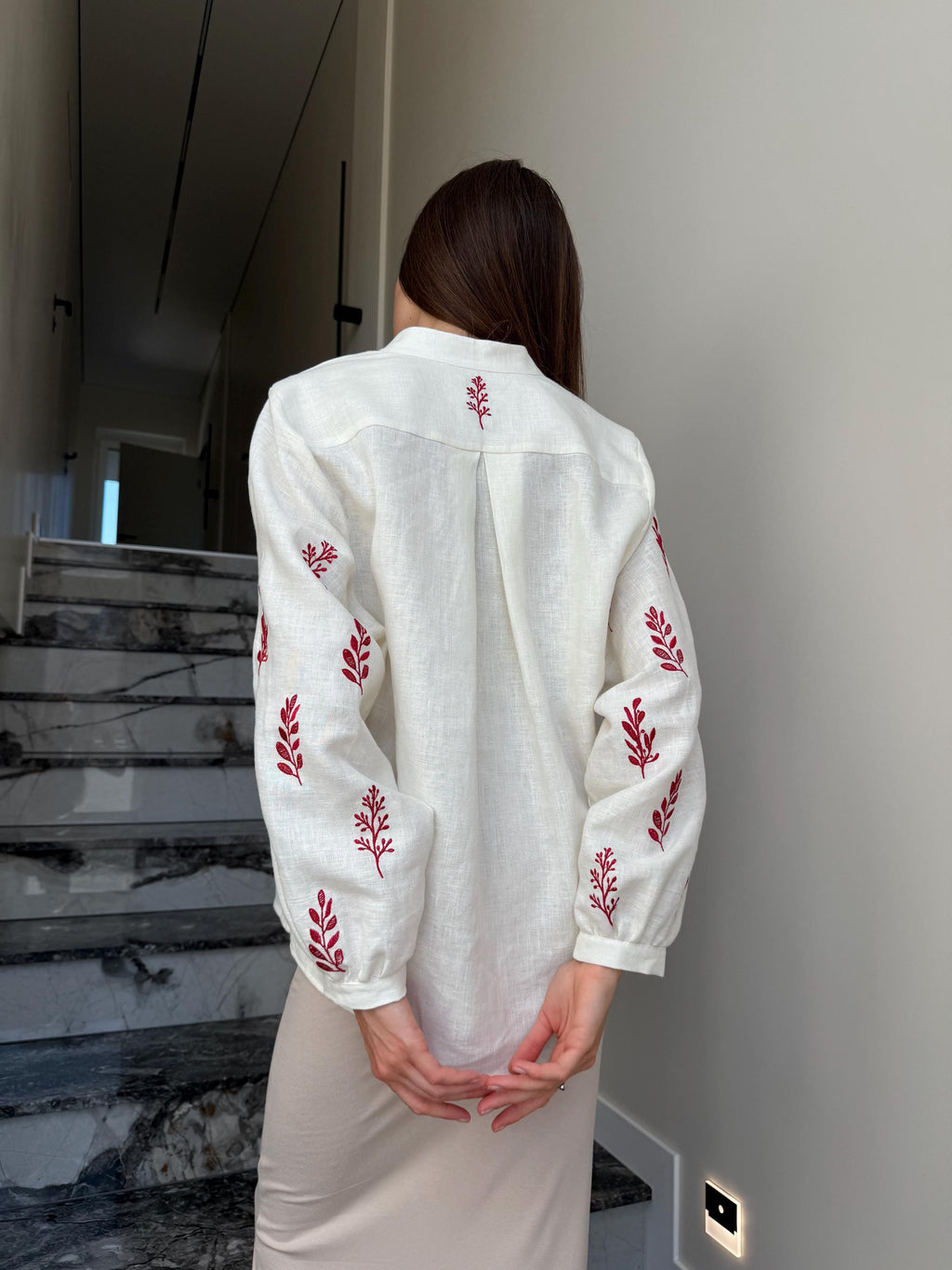 Linen Embroidered Blouse for Women, Linen Shirt with Red Embroidery, Ukrainian Vyshyvanka Boho Style Top, Long Sleeve Linen Tunic