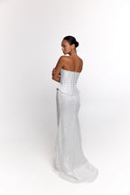 Ivory Satin Corset with Sequin Skirt, Bridal Two Piece Set, Cocktail Party Outfit, Elegant Rehearsal Dinner Dress for Bride