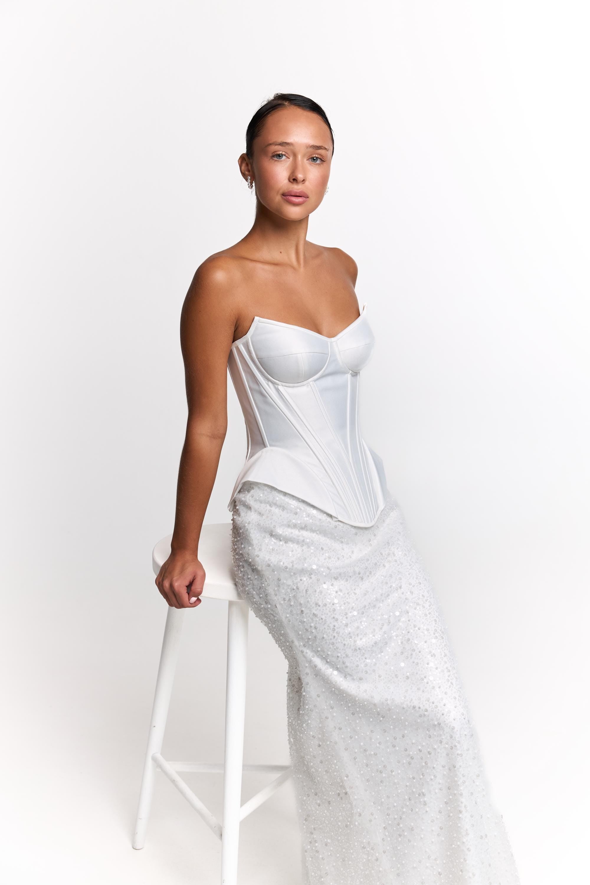 Ivory Satin Corset with Sequin Skirt, Bridal Two Piece Set, Cocktail Party Outfit, Elegant Rehearsal Dinner Dress for Bride