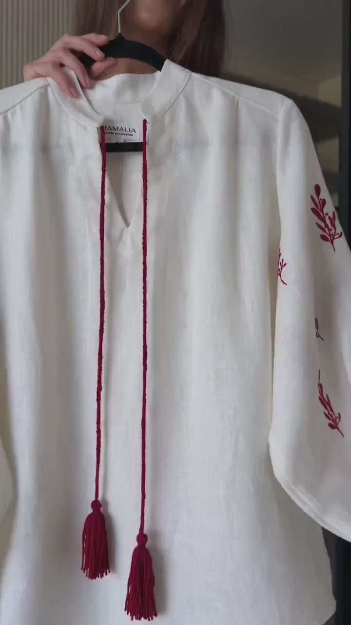 Linen Embroidered Blouse for Women, Linen Shirt with Red Embroidery, Ukrainian Vyshyvanka Boho Style Top, Long Sleeve Linen Tunic