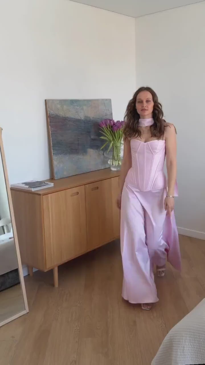 Wedding Guest Outfit, corset top and skirt set, Bachelorette Party Outfit, Satin Maxi Skirt and Bustier Top Set, Prom Two Piece Dress