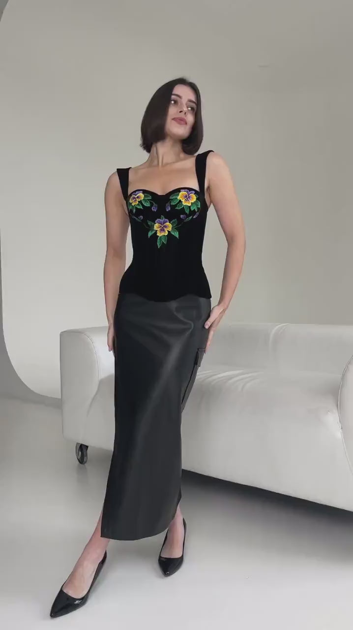Handmade embroidered corset, black velvet ukrainian corset top, custom made clothes