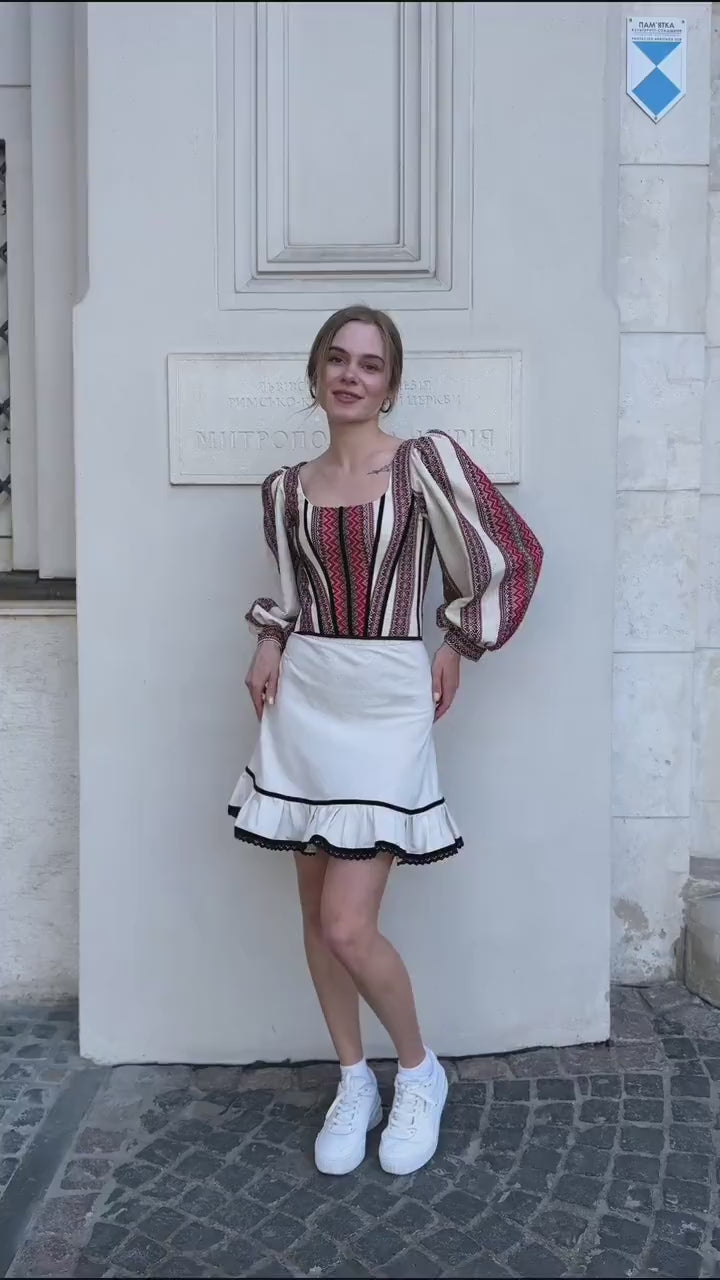 Short skirt, linen skirt with linen, Ukrainian etno skirt, beige skirt, girls skirt